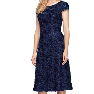 Rosette Sequin Lace Tea-Length Cocktail Dress with Cap Sleeves